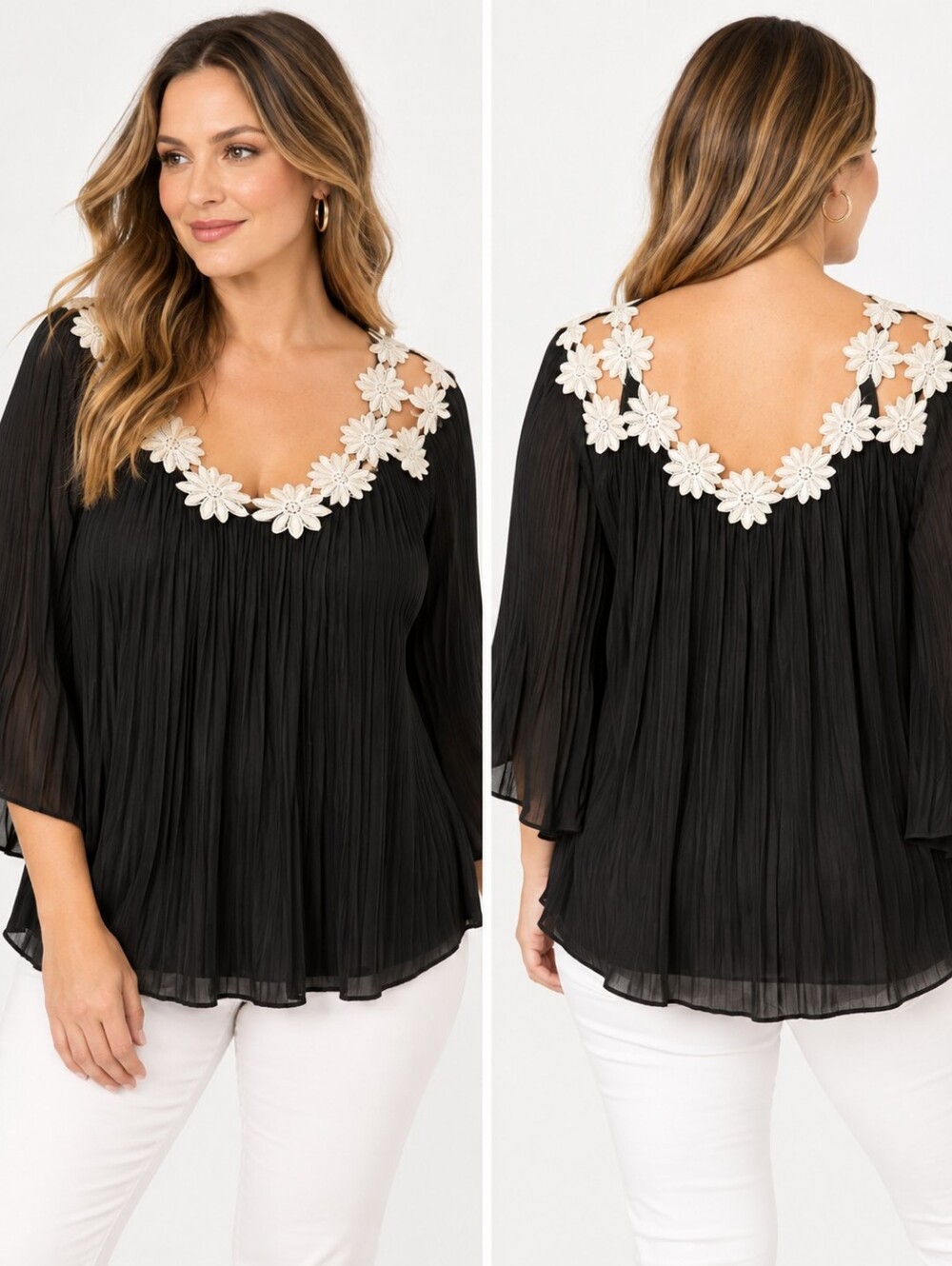 INC International Concepts Black Pleated Daisy Appliqué Blouse 1X
